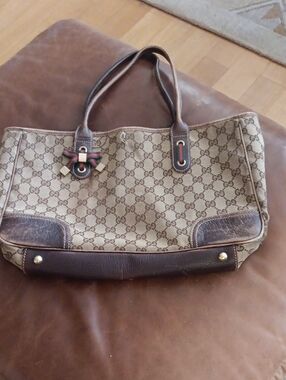 Gucci Beige GG Canvas Tote with Dark Brown Leather and Green-Red Web